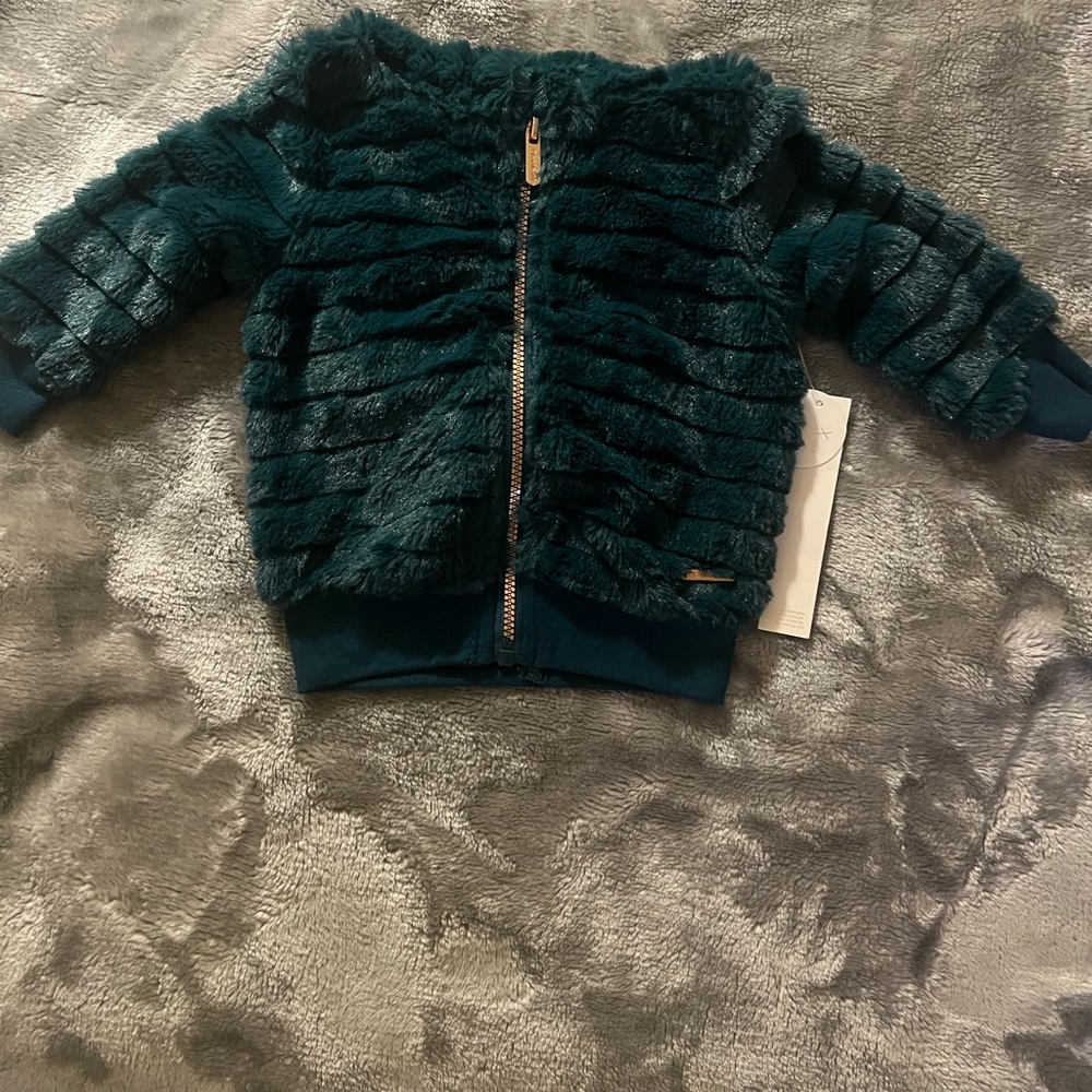 Tahari Plush Faux Fur Zip Bomber Jacket - Deep Teal